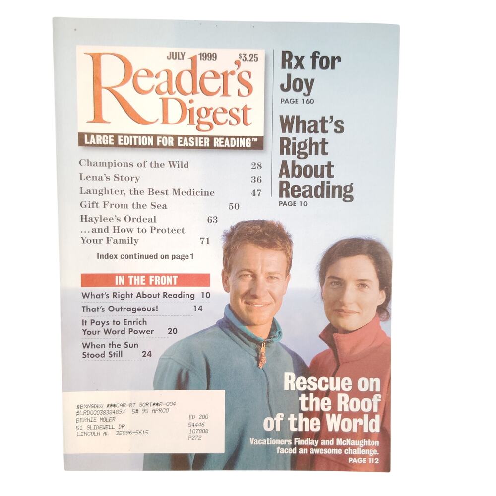 Reader's Digest July 1999 Large Print Vintage Magazine, Champions of the Wild